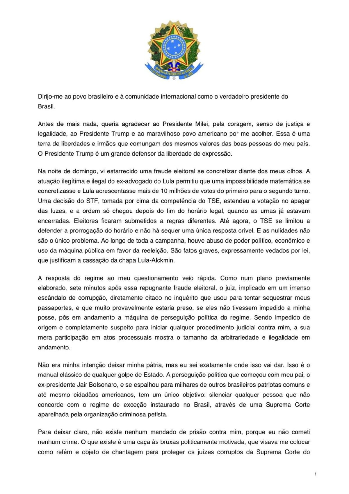 Em carta dos EUA, Flávio Bolsonaro se diz 'verdadeiro presidente eleito'