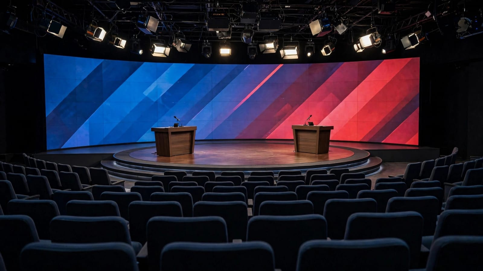 Estúdio de debate televisivo com dois púlpitos, antes do confronto final entre Lula e Flávio Bolsonaro