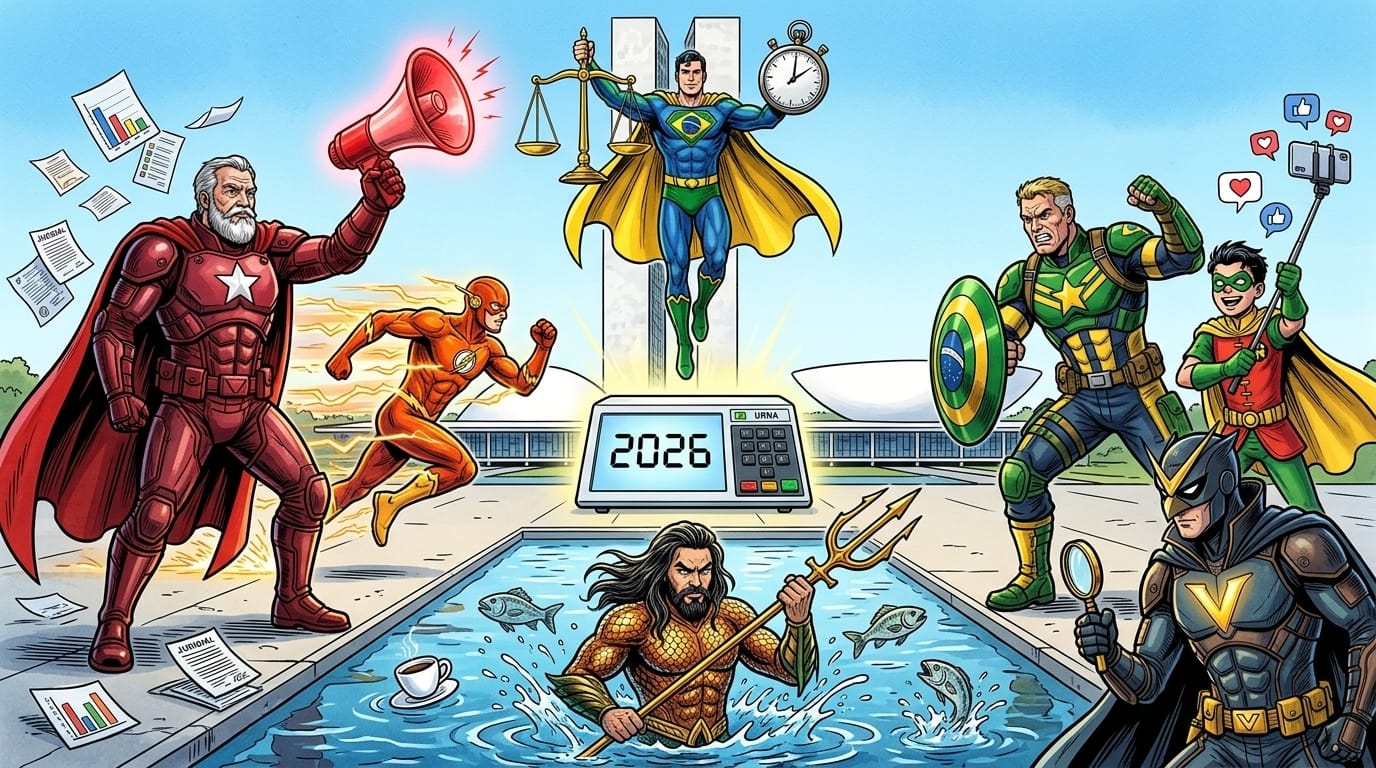 Ilustração satírica: A Liga da Urna 2026 com os super-heróis da polarização política brasileira diante do Congresso Nacional