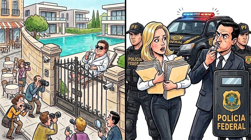 Ilustração editorial: Lulinha na piscina em Madri e Sergio Moro acionando escolta da Polícia Federal para Roberta Luchsinger