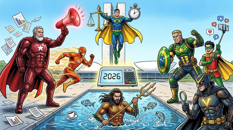 Ilustração satírica: A Liga da Urna 2026 com os super-heróis da polarização política brasileira diante do Congresso Nacional