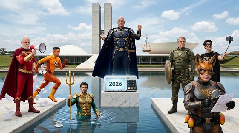 A Liga da Urna 2026 com personagens reais fantasiados e Guará da Paz com máscara estilizada em Brasília