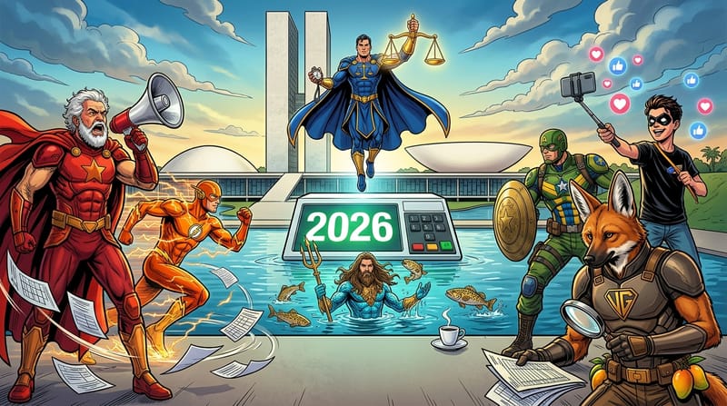 Ilustração satírica: A Liga da Urna 2026 com os super-heróis da polarização política brasileira e o Guará da Paz diante do Congresso Nacional em Brasília