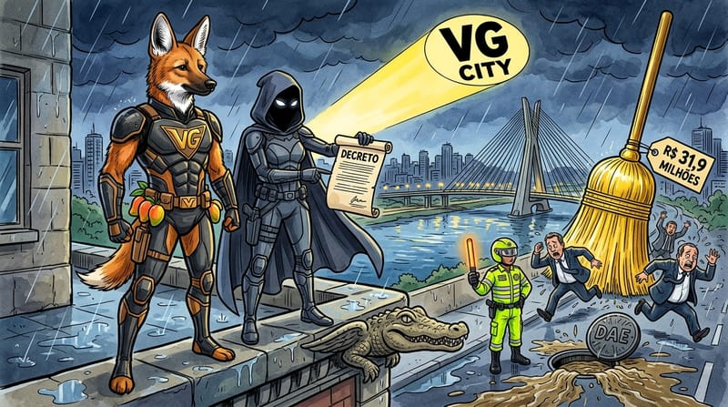 Ilustração satírica: O Guardião de V-City observa bueiro aberto e vassoura de ouro de R$ 31,9 milhões em Várzea Grande