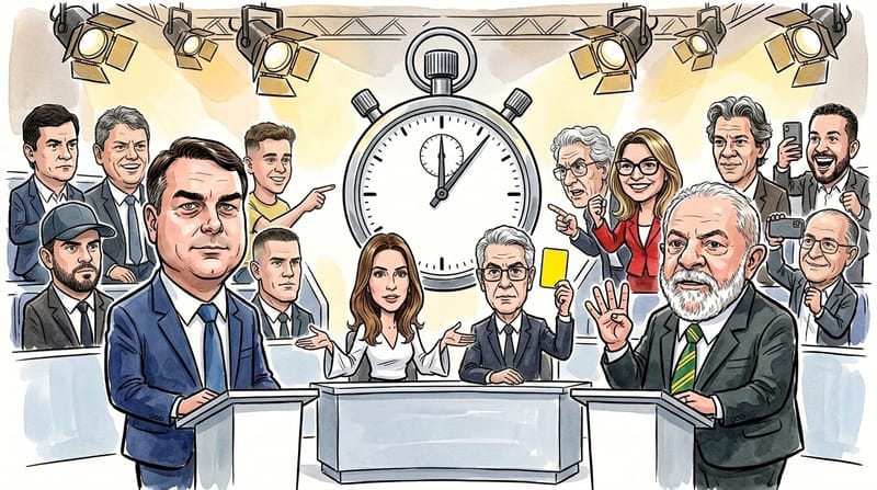 Ilustração editorial do debate presidencial na Band com Flávio Bolsonaro, Lula, mediadores sentados e convidados de ambas as campanhas na plateia